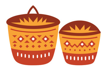 Bamboo baskets painted with warli art in tribal decorative craft vector art illustration