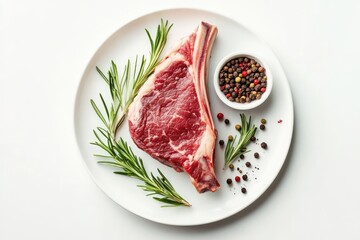 Fototapeta premium Prime Cut Beefsteak: A succulent beefsteak, seasoned with rosemary and pepper, takes center stage on a pristine white plate, an invitation to indulge in exquisite culinary delight.