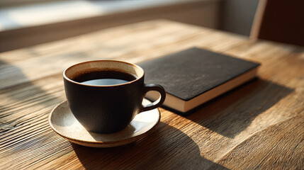 Fototapeta premium Close-up of steaming coffee mug on wooden table near laptop and green plant, morning sunlight, cozy calm workspace, no people