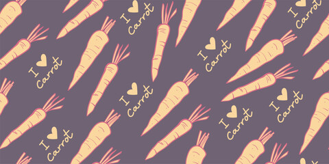 Seamless carrot pattern in hand-drawn doodle illustration style, pastel pink outline with orange plain on a pastel purple background . Veggie Time! Series.