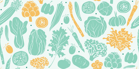 Seamless mixed salad vegetable pattern in silhouette illustration style, pastel green and orange solid on a pastel green background with green dots. Veggie Time! Series.