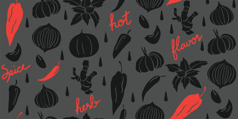 Seamless mixed spice and garlic pattern in silhouette illustration style, red and black solid on a dark grey background. Veggie Time! Series.