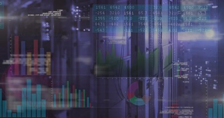 Starting with server racks scene, data matrix scrolling and charts emerging, visualizing metrics