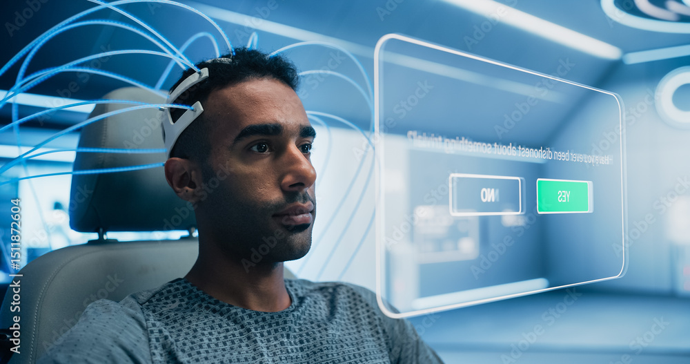 Poster man uses a neural headset in a futuristic lab, interacting with a holographic interface displaying '