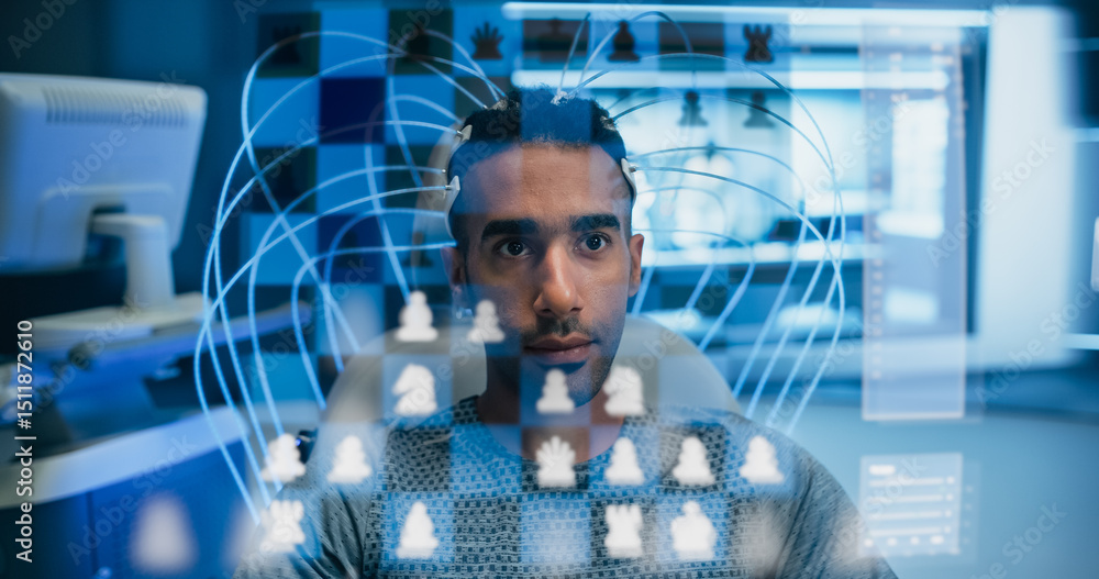 Poster Man Wearing a Neural Headset Engages in a Virtual Chess Game, Using Holographic Screen to move Chess Pieces with His Mind, Interact with AI Digital Interface, Immersive Experiences of the Future