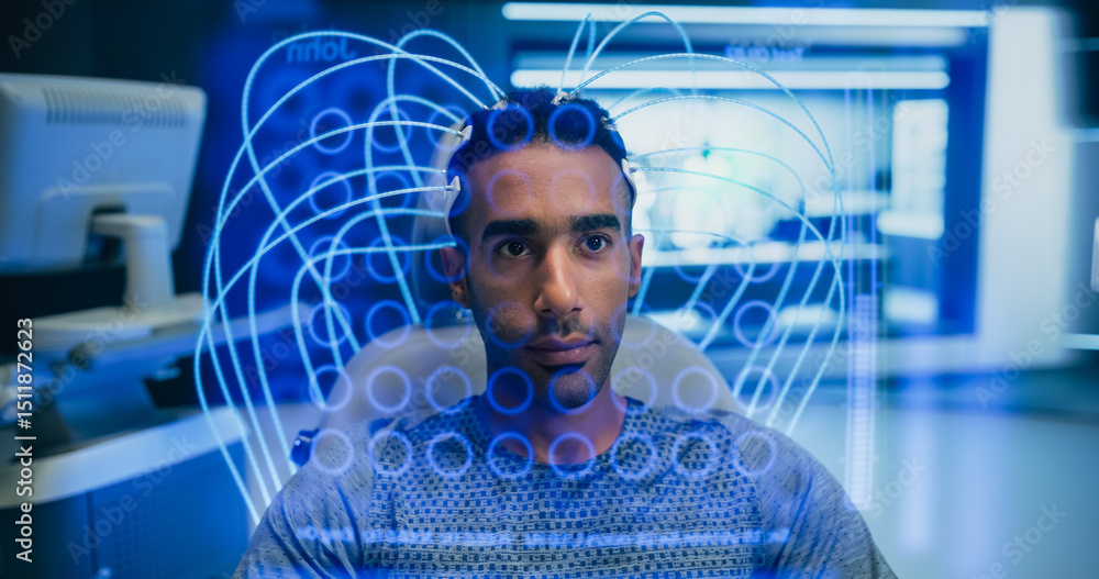 Poster paralyzed man wearing a neural headset plays a vr game in a futuristic lab with his mind, with holog
