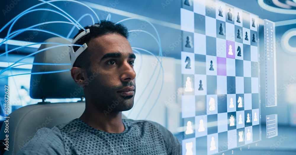 Poster Man Wearing a Neural Headset Engages in a Virtual Chess Game, Using Holographic Screen to move Chess Pieces with His Mind, Interact with AI Digital Interface, Immersive Experiences of the Future