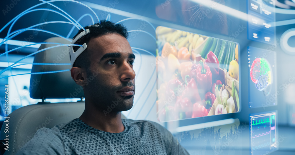 Poster man wears a neural headset, browsing social media, interacting with holographic social network softw