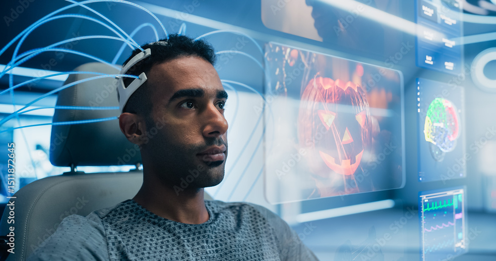 Poster Man Wears a Neural Headset, Browsing Social Media, Interacting With Holographic Social Network Software App. Screen Shows Entertainment TV Content. Breakthrough in Innovative Mind-Computer Medicine