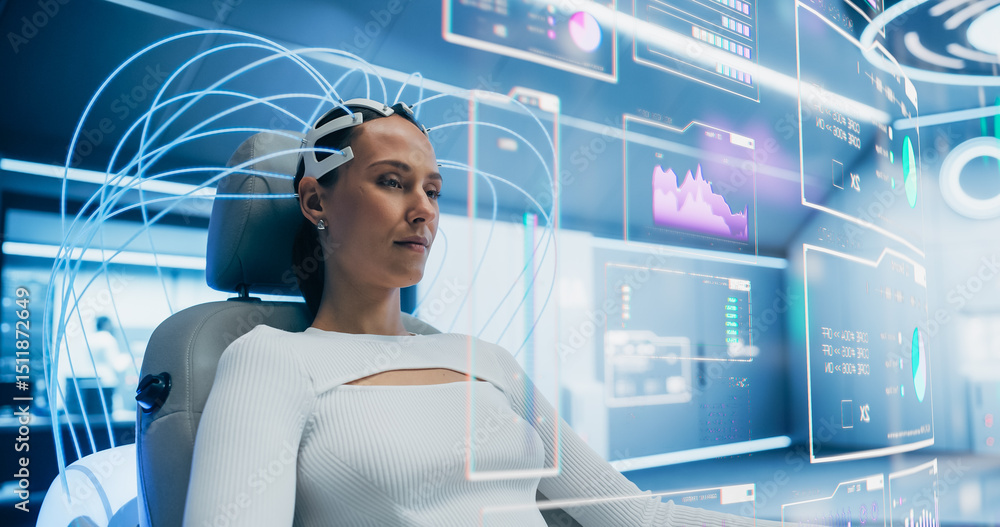 Aufkleber Female Wearing a Neural Headset Sits in a Futuristic Lab, Controls Holographic Interface, Internet Visuals Graphs and Statistics. High-tech, Advanced Technology and Immersive Experiences of the Future
