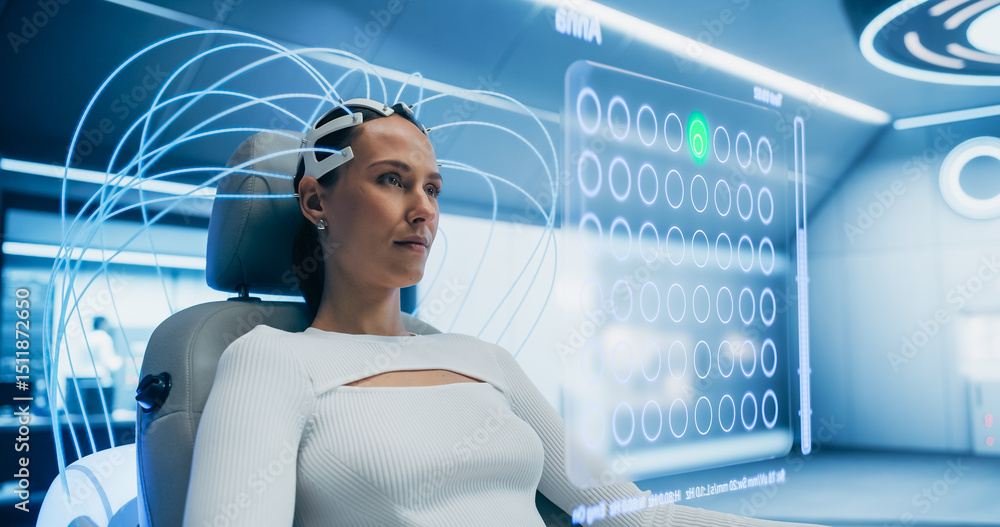 Poster paralyzed woman wearing a neural headset plays a vr game in a futuristic lab with her mind, with hol