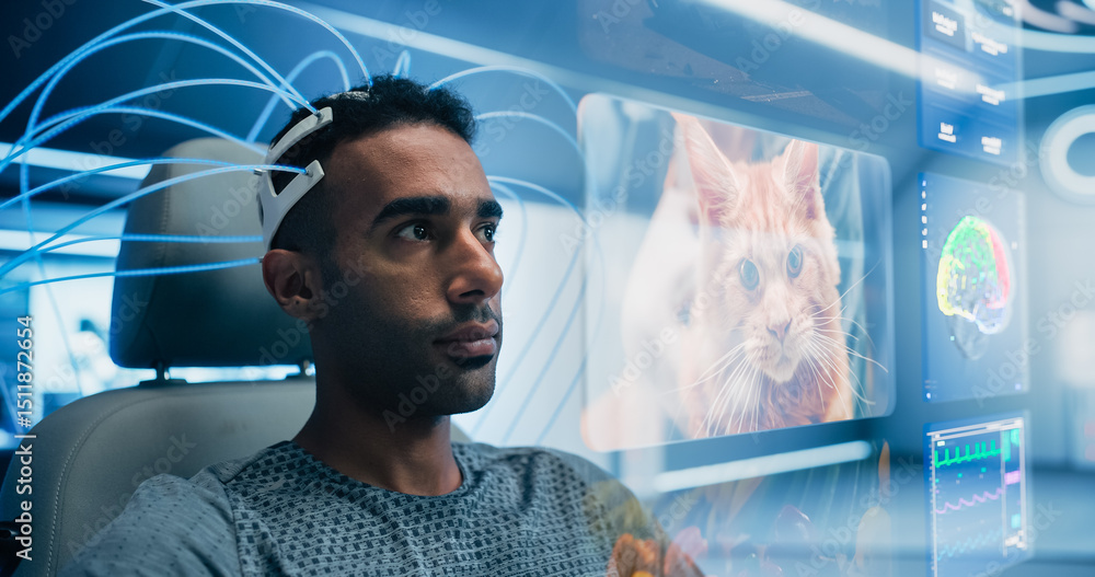 Poster man wears a neural headset, browsing social media, interacting with holographic social network softw