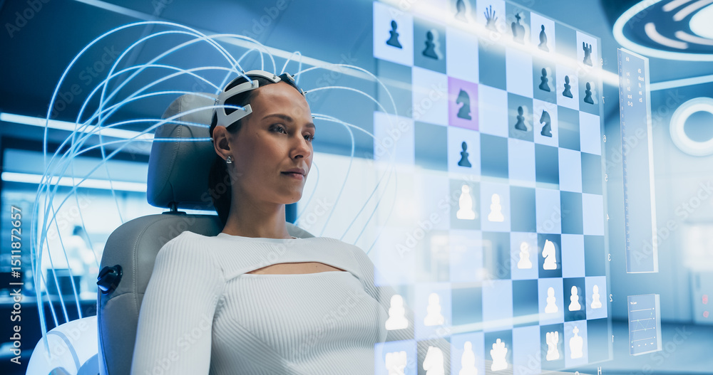 Poster Woman Uses a Neural Headset to Play Virtual Chess in a Futuristic Lab, Interacting With a Holographic Chessboard Interface, Highlighting Advanced Technology and Immersive Digital Experiences.