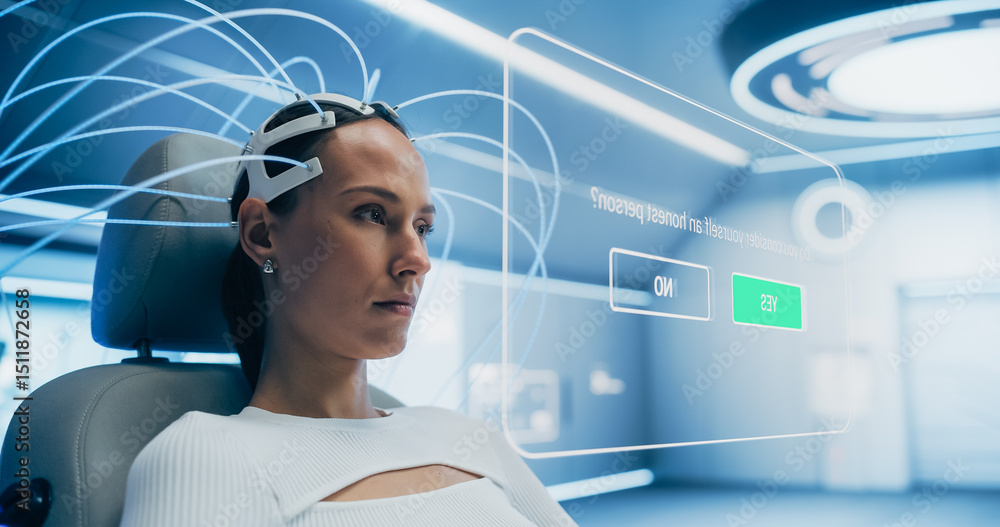 Poster woman using a neural headset in a futuristic lab, interacting with a holographic interface displayin