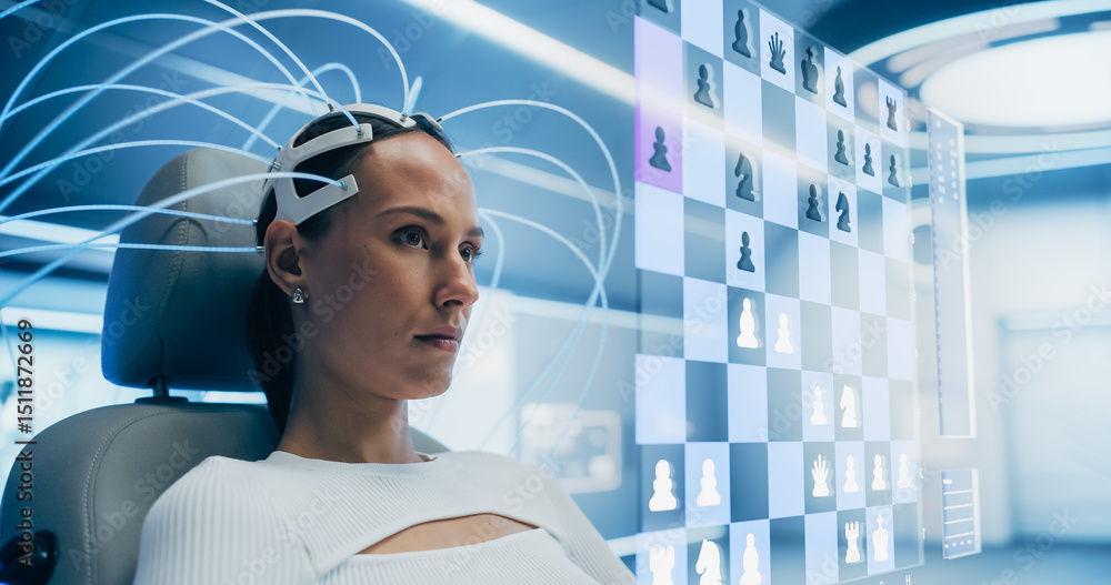 Poster Woman Uses a Neural Headset to Play Virtual Chess in a Futuristic Lab, Interacting With a Holographic Chessboard Interface, Highlighting Advanced Technology and Immersive Digital Experiences.