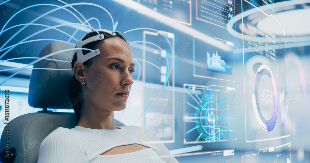 Aufkleber Female Wearing a Neural Headset Sits in a Futuristic Lab, Controls Holographic Interface, Internet Visuals Graphs and Statistics. High-tech, Advanced Technology and Immersive Experiences of the Future
