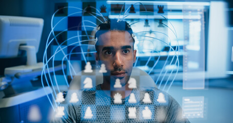 Man Wearing a Neural Headset Engages in a Virtual Chess Game, Using Holographic Screen to move Chess Pieces with His Mind, Interact with AI Digital Interface, Immersive Experiences of the Future