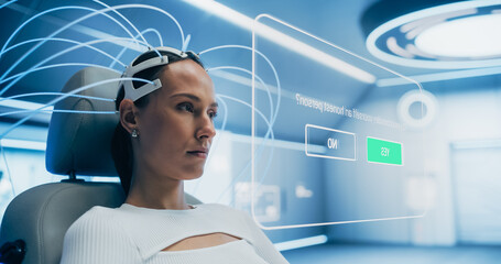 Woman Using a  Neural Headset in a Futuristic Lab, Interacting With a Holographic Interface Displaying 'yes' and 'no' Options, Advanced Technology and Immersive Digital Experiences