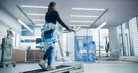 Woman in a Futuristic Exoskeleton Performs Physical Therapy on a Treadmill, Monitored by Advanced Neuralink Technology and Holographic Data, High-Tech Healthcare for Paralyzed Individuals.