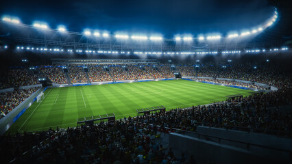 Aerial Establishing Shot of a Whole Stadium with Soccer Championship Match. Crowds of Fans Cheer....