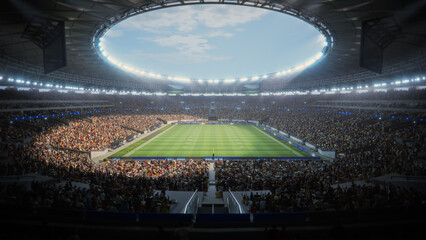 Day Aerial View of American Football Stadium With a Large Crowd, Championship Event. Enthusiastic Fans, Field Ready for Major Match. Establishing Forward Shot. Realistic 3D graphics Mockup. © Gorodenkoff