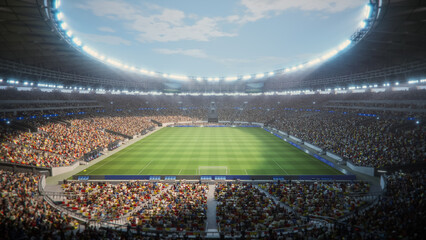 Day Aerial View of a Soccer Stadium During a Championship Match. Field Is Surrounded by Enthusiastic Fans. Big Event with Happy Crowd. Realistic 3D Animation