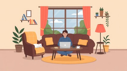 Cozy Home Office: Person relaxing on sofa using laptop, surrounded by plants and comfortable furniture in a bright living room.