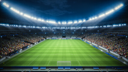 Night Aerial View of a Soccer Stadium During a Championship Match. Teams Compete, Fans Fill the Stands. Football Tournament, Cup Broadcast. Sport Channel Television Screen Content. © Gorodenkoff