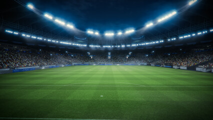 Night Elevated Shot Behind Soccer Goal in Stadium During Championship Match. Teams Compete, Fans Fill the Stands. Football Tournament, Cup Broadcast. Sport Channel Television Screen Content. © Gorodenkoff