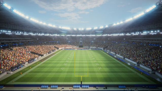 Day Aerial View of American Football Stadium With a Large Crowd, Championship Event. Enthusiastic Fans, Field Ready for Major Match. Establishing Forward Shot. Realistic 3D graphics Mockup.