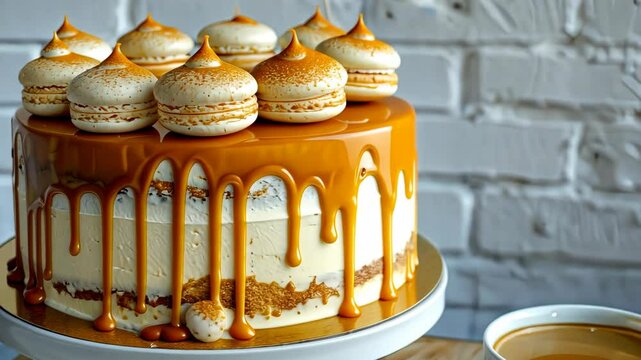Caramel cake adorned with delightful macarons sits beside a fresh cup of coffee in a cozy cafe setting