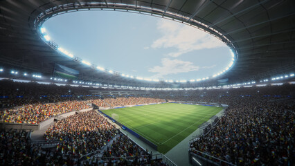 Daytime Elevated View of a Packed Soccer Stadium With Cheering Spectators. Field Is Green, and the...