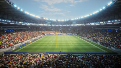 Day View of a Packed American Football Stadium. Thousands of Spectators Fill the Stands Surrounding the Game Field, Ready for a Major Sport Event. Behind the Goal Posts Shot