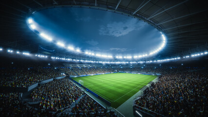 Night Soccer Match in a Massive Stadium Filled With Spectators. Arena Is Packed With Fans Surrounding the Green Pitch, Ready for a Major Sport Event