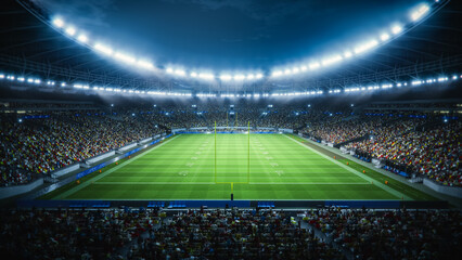 Night View of a Packed American Football Stadium. Thousands of Spectators Fill the Stands...