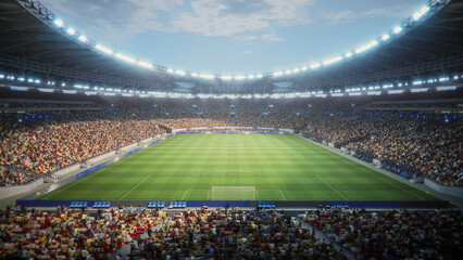 Day View of a Massive Soccer Stadium Filled With Spectators. Arena Is Packed With Fans Surrounding the Pitch, With a Goal Visible. Behind the Goals Wide Shot
