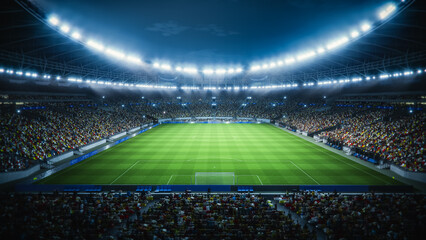 Night View of a Massive Soccer Stadium Filled With Spectators. Arena Is Packed With Fans Surrounding the Pitch. Thousands of Supporters at Major Sport Event. Behind the Goals Wide Shot