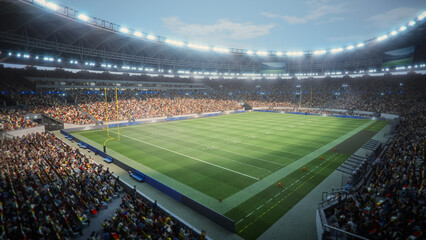Day View of a Colossal American Football Stadium Brimming With Spectators. Expansive Field, Marked...
