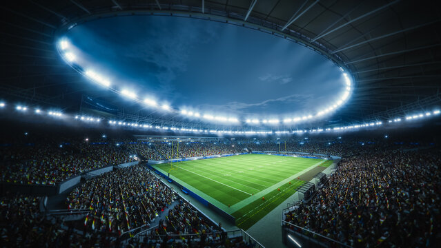 Night Elevated View of American Football Stadium. Crowded Stands, Field With Yard Lines, Goalposts, Ready for Match. Large Arena Hosting Major Sport Event. Fans Fill the Seats