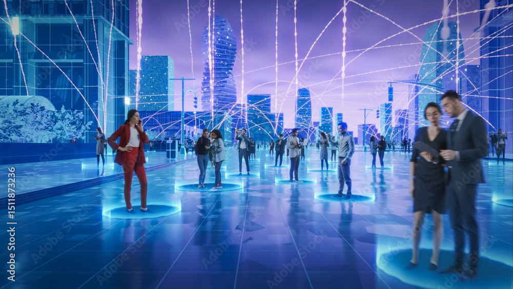Poster futuristic cityscape with diverse individuals interacting through digital devices, connected by glow