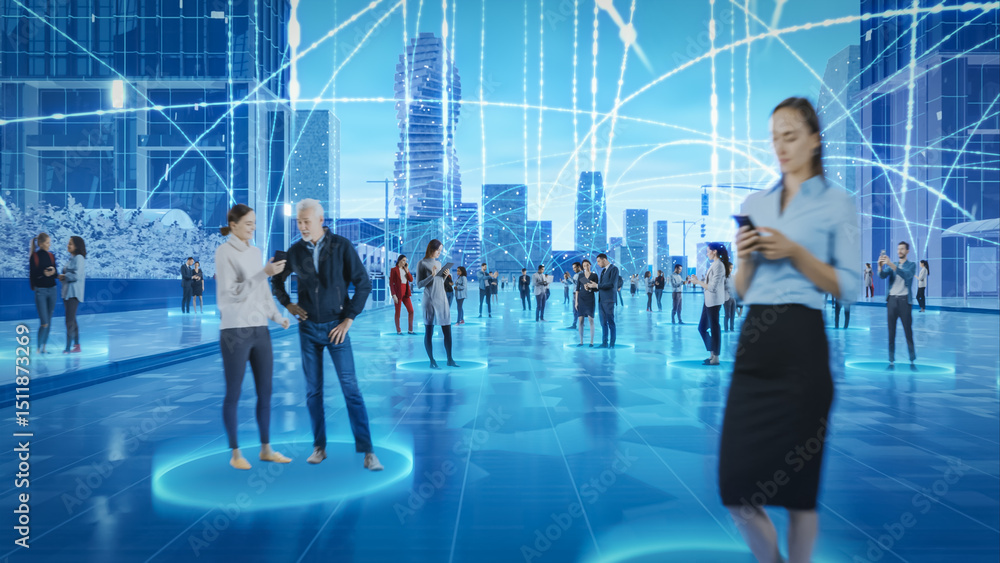 Poster futuristic cityscape with diverse individuals interacting through digital devices, connected by glow