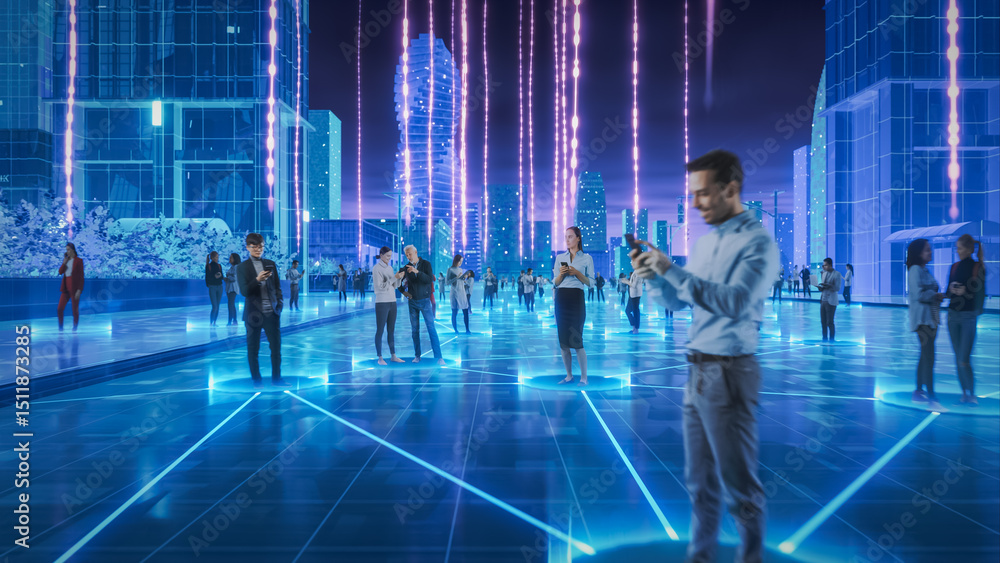 Poster futuristic cityscape with diverse individuals interacting through digital devices, connected by glow