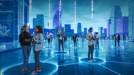 Futuristic Cityscape Where Diverse Individuals Engage With Digital Devices, Interconnected by Glowing Data Streams. Perfect for Illustrating Trends in Big Data, Machine Learning.