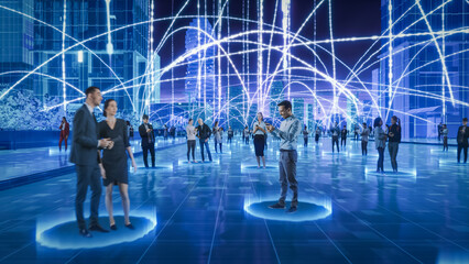 Futuristic Cityscape Where Diverse Individuals Engage With Digital Devices, Interconnected by Glowing Data Streams. Perfect for Illustrating Trends in Big Data, Machine Learning.