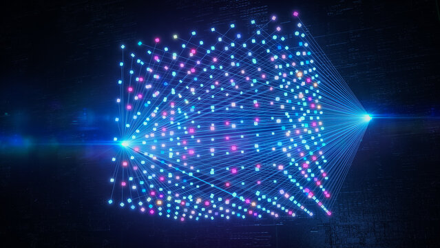 Neural Network Model With Vibrant Nodes and Connections Dynamically Demonstrates Data Flow and Processing, Showcasing Trends in Ai, Machine Learning, and Big Data.