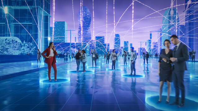 Futuristic Cityscape With Diverse Individuals Interacting Through Digital Devices, Connected by Glowing Data Streams, Illustrating Big Data, Machine Learning, and High-tech in Digital Communication.