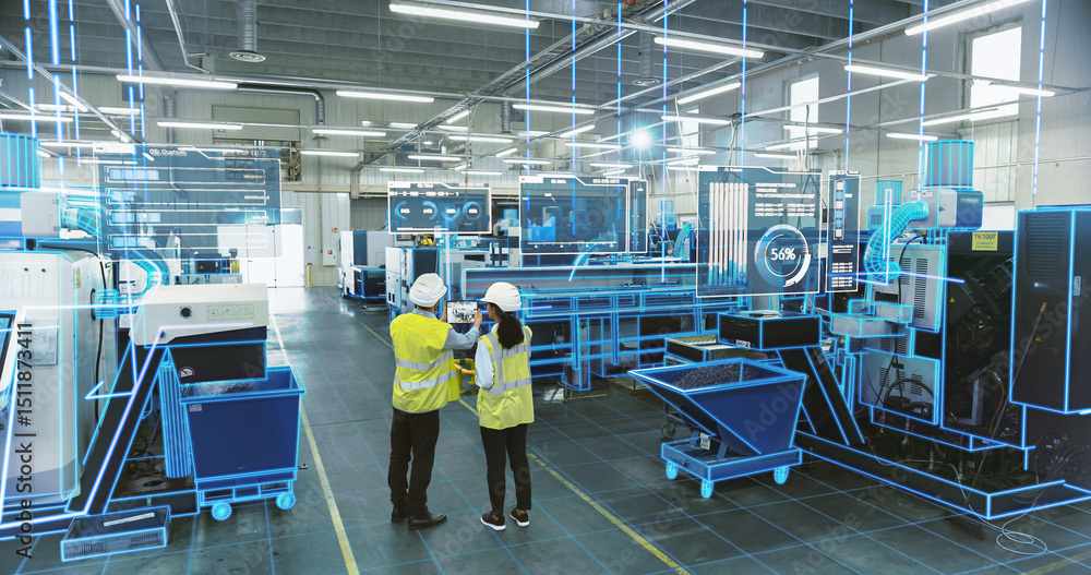 Aufkleber Two Engineers in Safety Gear Use a Tablet to Interact With Holographic Data in a High-tech Factory, Surrounded by Advanced Machinery and Digital Interfaces, Illustrating a Futuristic Manufacturing