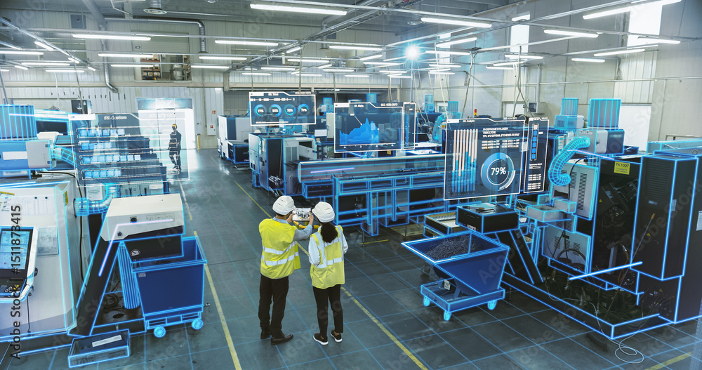 Fototapete two engineers in safety vests use a tablet to interact with holographic data in a high-tech factory,