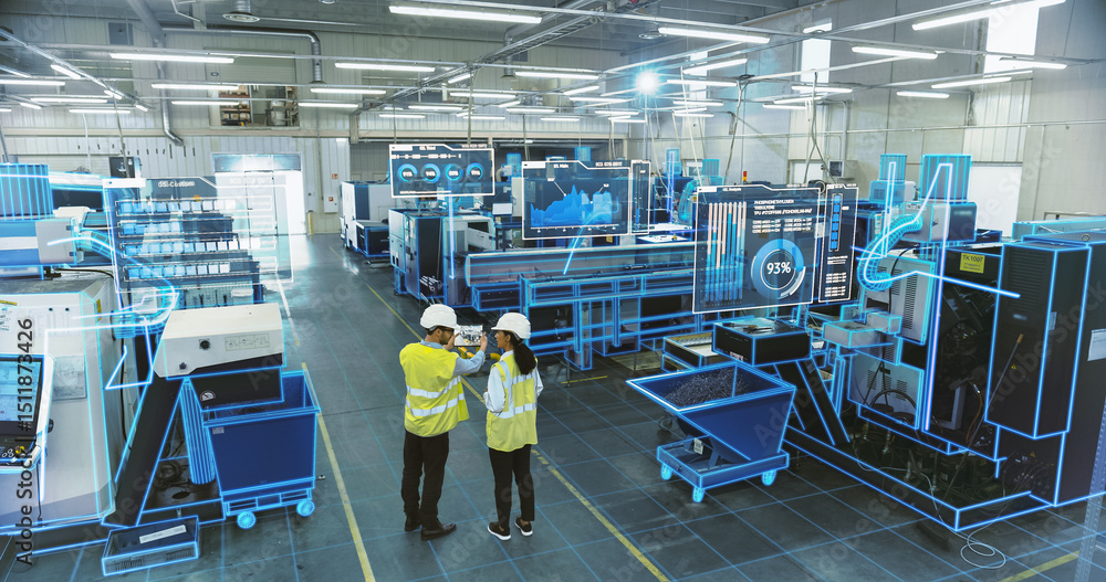 Poster two engineers in safety vests use a tablet to interact with holographic data in a high-tech factory,