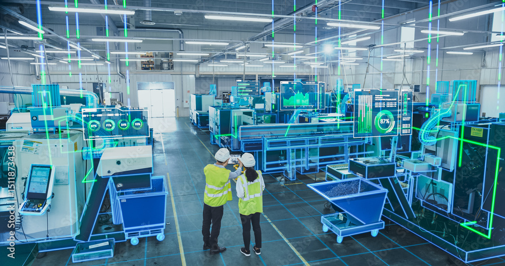 Aufkleber Factory Digitalization: Two Industrial Engineers Use Tablet Computer, Big Data Statistics Visualization, Optimization of High-Tech Electronics Facility. Industry Four Machinery Manufacturing Products